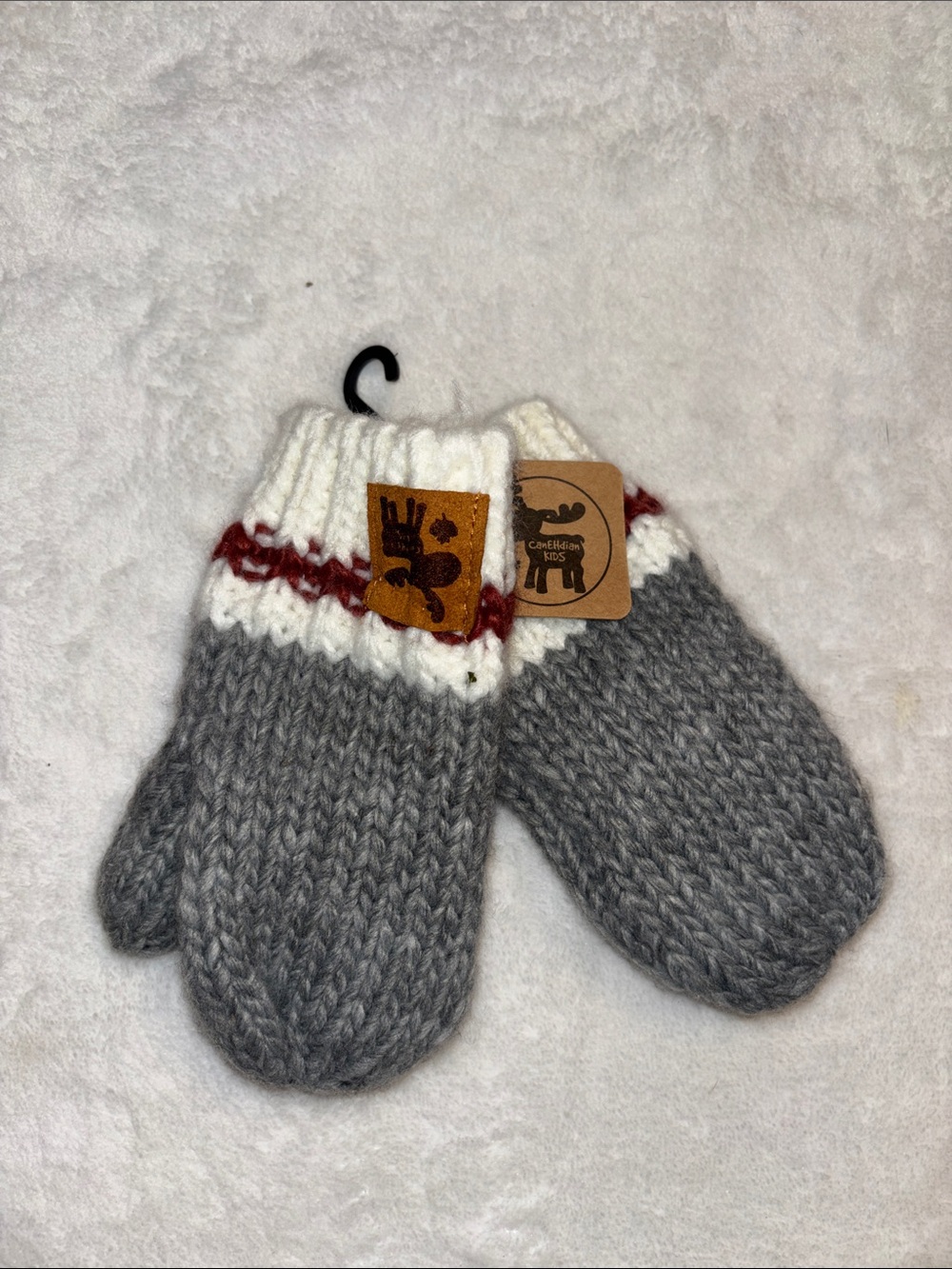 Kids Gray and White Knit Mittens with Red Accent - Cozy Winter Gloves BNWT